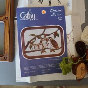 Cathy Needlecraft Owls 4064 and Clock with Frame Vintage Embroidery Kit USA New